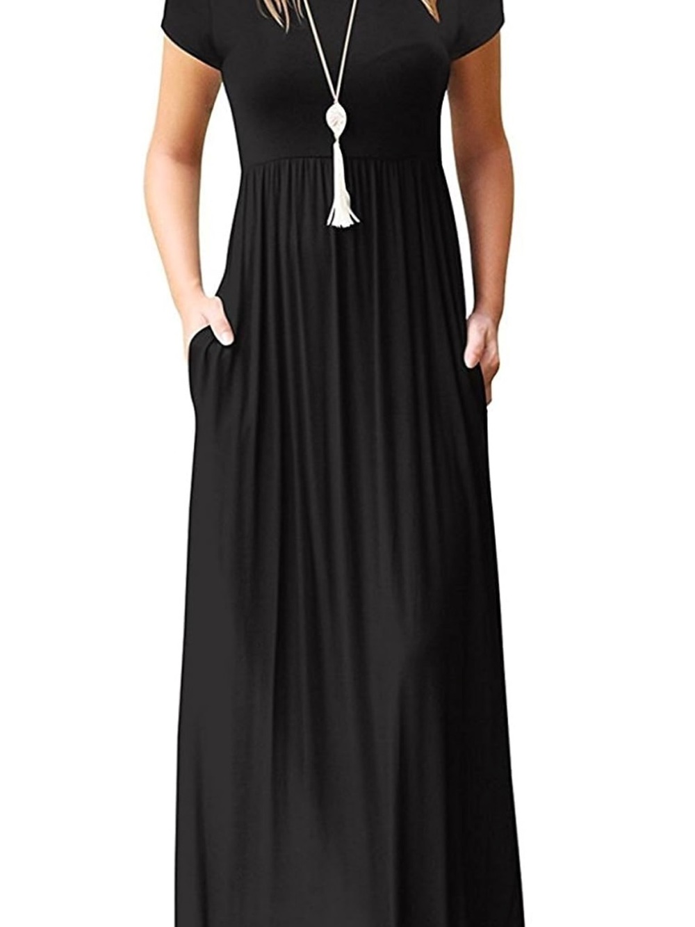 Black Short-Sleeve Maxi Dress with Side Pockets